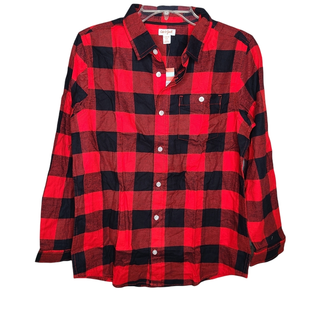 Cat and Jack Black Red Buffalo Plaid Button Down Shirt Boys Husky Large
